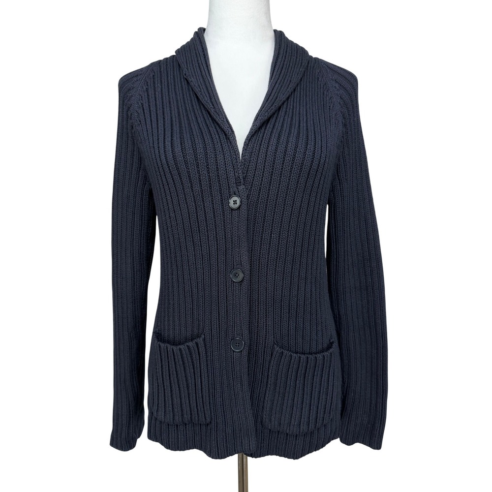 Talbots Women Cotton Cardigan S Navy Blue Ribbed Shawl Collar Button Front